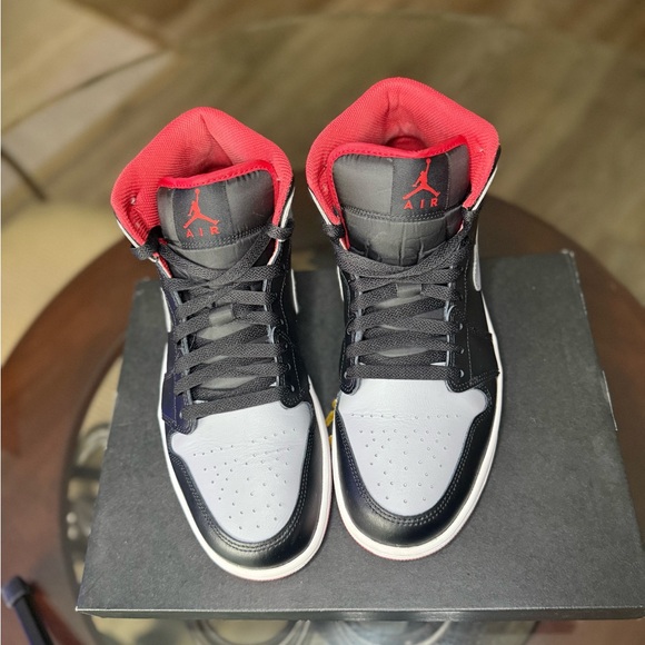 Nike Air Jordan1 mid Black and Gray Sneakers with Red Accents - Picture 4 of 9